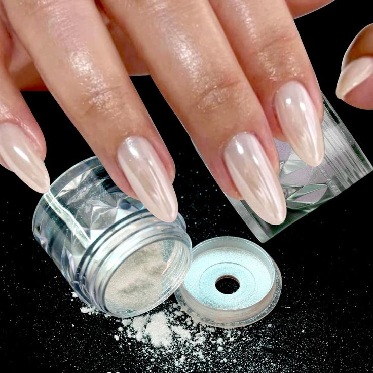 Sophisticated Elegant Nude Nails with Glossy Finish and Sparkling Powder Accents.