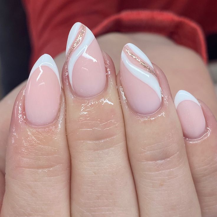 Chic Almond-Shaped Nails with Nude Base and Glossy White Accents