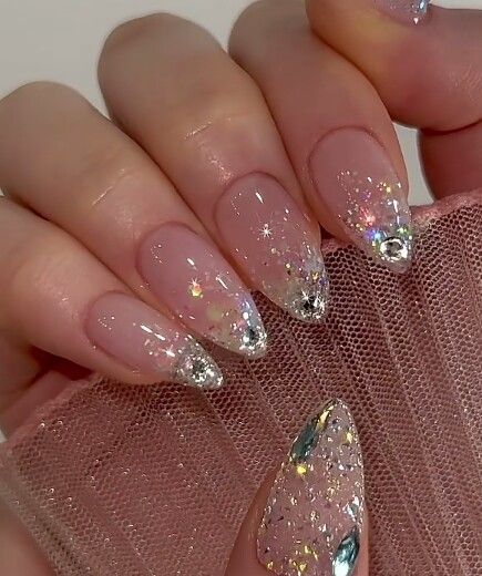 Dazzling Glittery Ombre Nails with Iridescent Sequins and Elegant Pointed Shape.