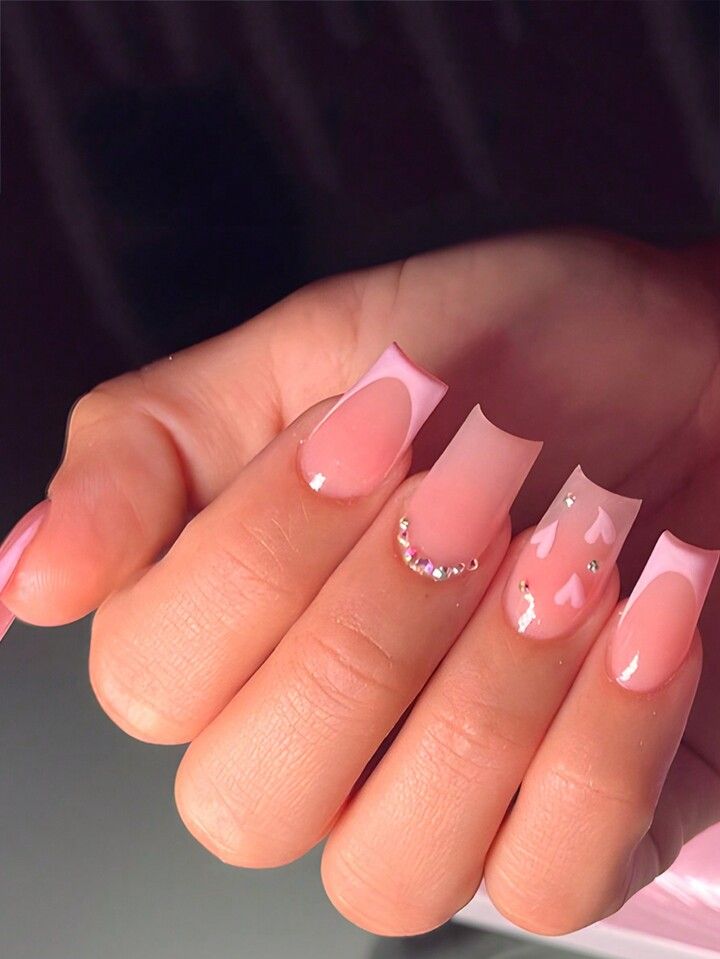 Elegant Pink Ombre Nail Design with Heart Shapes and Rhinestones