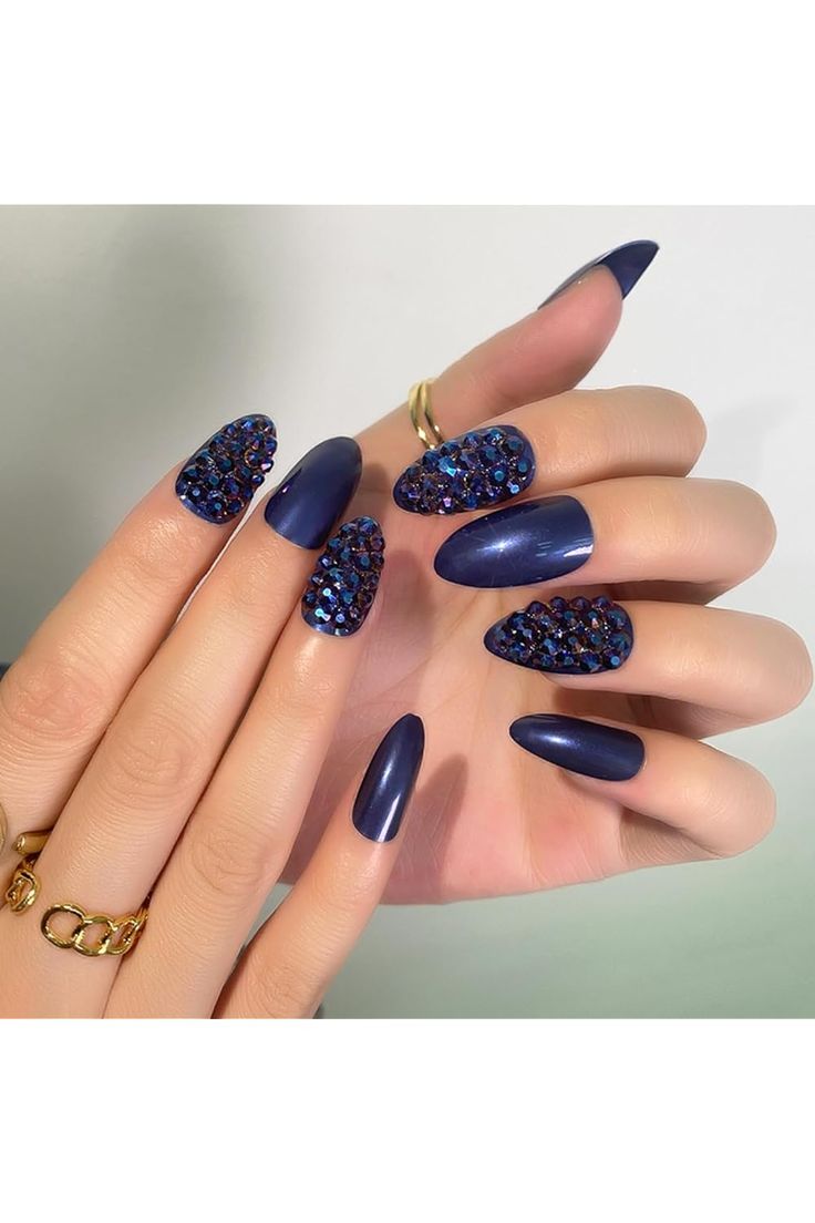 Elegant Deep Navy Nail Design with Sparkling Crystal Embellishments