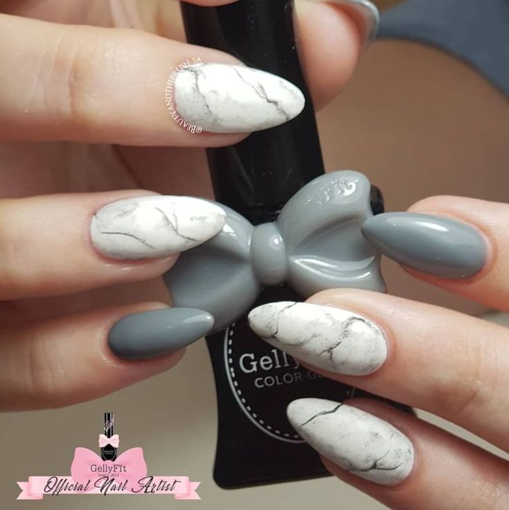 Chic Marble Nail Design: White and Grey Elegance with Bow Accent