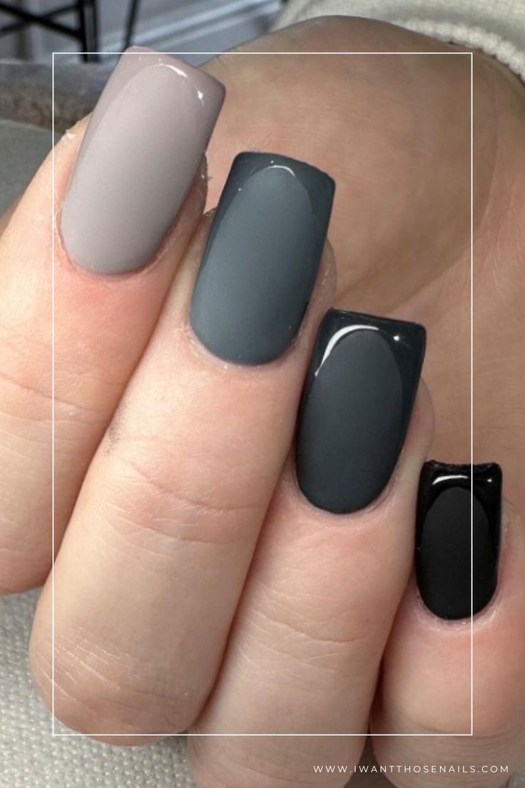 Sophisticated Chic Nail Design: A Fusion of Matte and Glossy Finishes in Muted Tones.