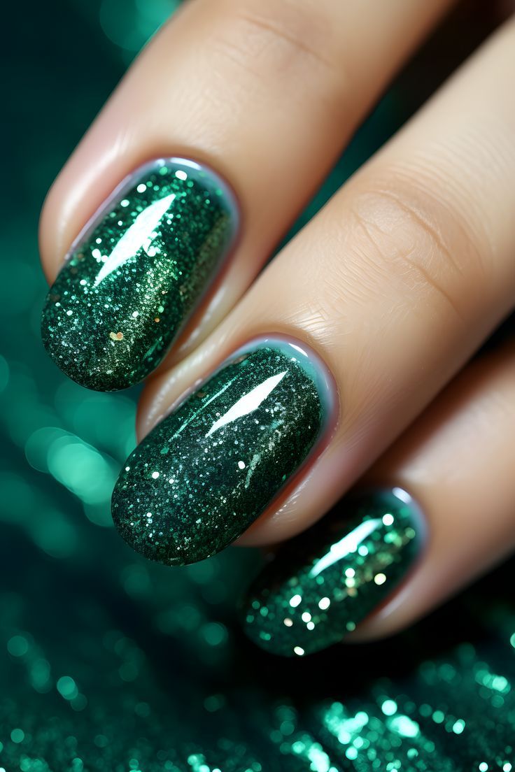 Captivating Sparkling Forest Green Nail Design with Glossy Finish.