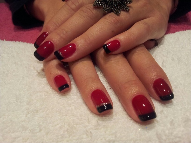 Chic Elegant Nail Design: Glossy Deep Red with Striking Black Tips.