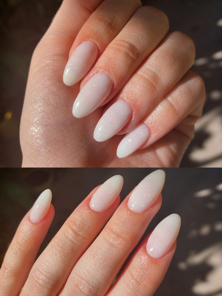 Chic Almond-Shaped Ombre Nails with Shimmering White Base for Sophisticated Elegance.