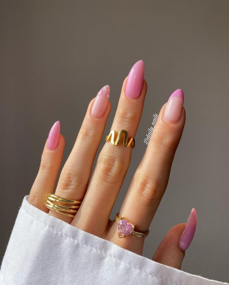 Chic Almond-Shaped Ombre Nails with Beaded Accents and Gold Rings