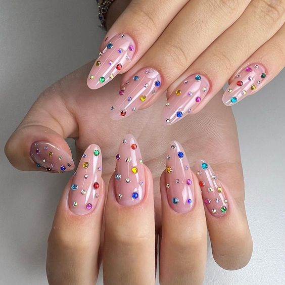 Colorful Rhinestone-Adorned Nail Design: Chic and Playful Elegance for Any Occasion