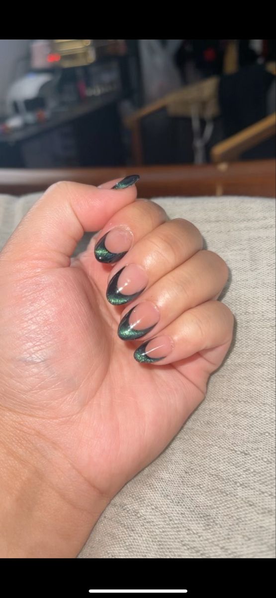 Chic Green and Nude French Tip Nail Design for Modern Sophistication.