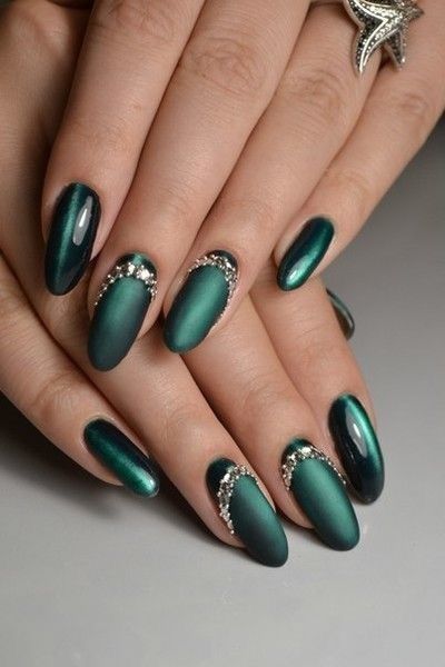 Sophisticated Green Ombre Nails with Matte-Gloss Finish and Rhinestone Accents