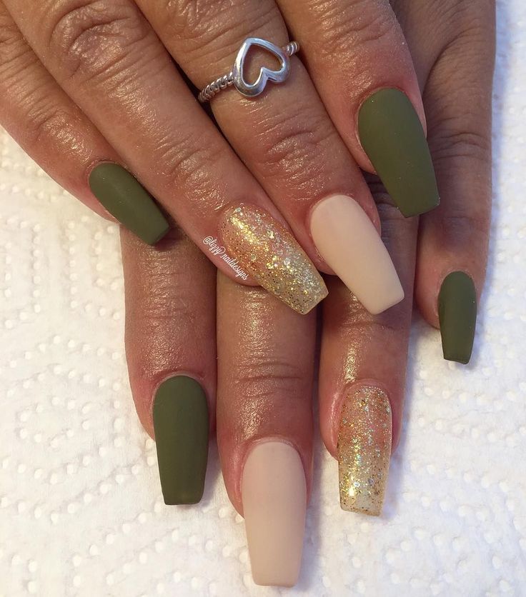 Sophisticated Earthy Green Nail Design with Matte, Shiny Finishes, and Sparkling Gold Accent