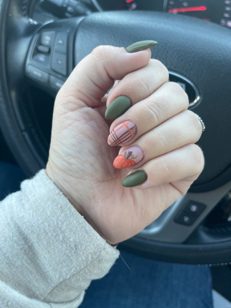 Autumn-Inspired Nail Design: Earthy Greens with Matte and Glossy Finishes and Playful Patterns.