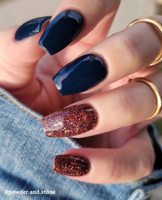 Dramatic Navy Blue Nail Design with Glitter Accents for Glamorous Events