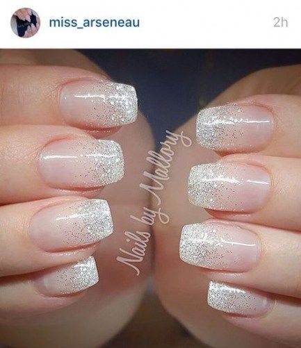 Elegant Ombre Short Square Nails with Nude Base and Silver Glitter Tips.