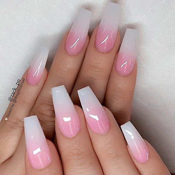 Elegant Ombre Nail Design: Soft White to Rosy Pink Gradient with Stylish Square Tips.