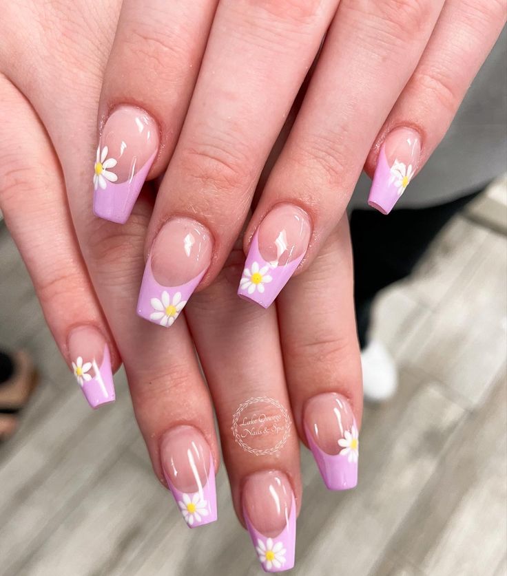 Whimsical Floral Lavender French Tip Nail Design for a Fresh Summer Look.