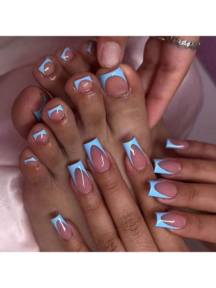 Chic Blue and Nude Nail Design with Trendy Square Tips and Pastel Accents.