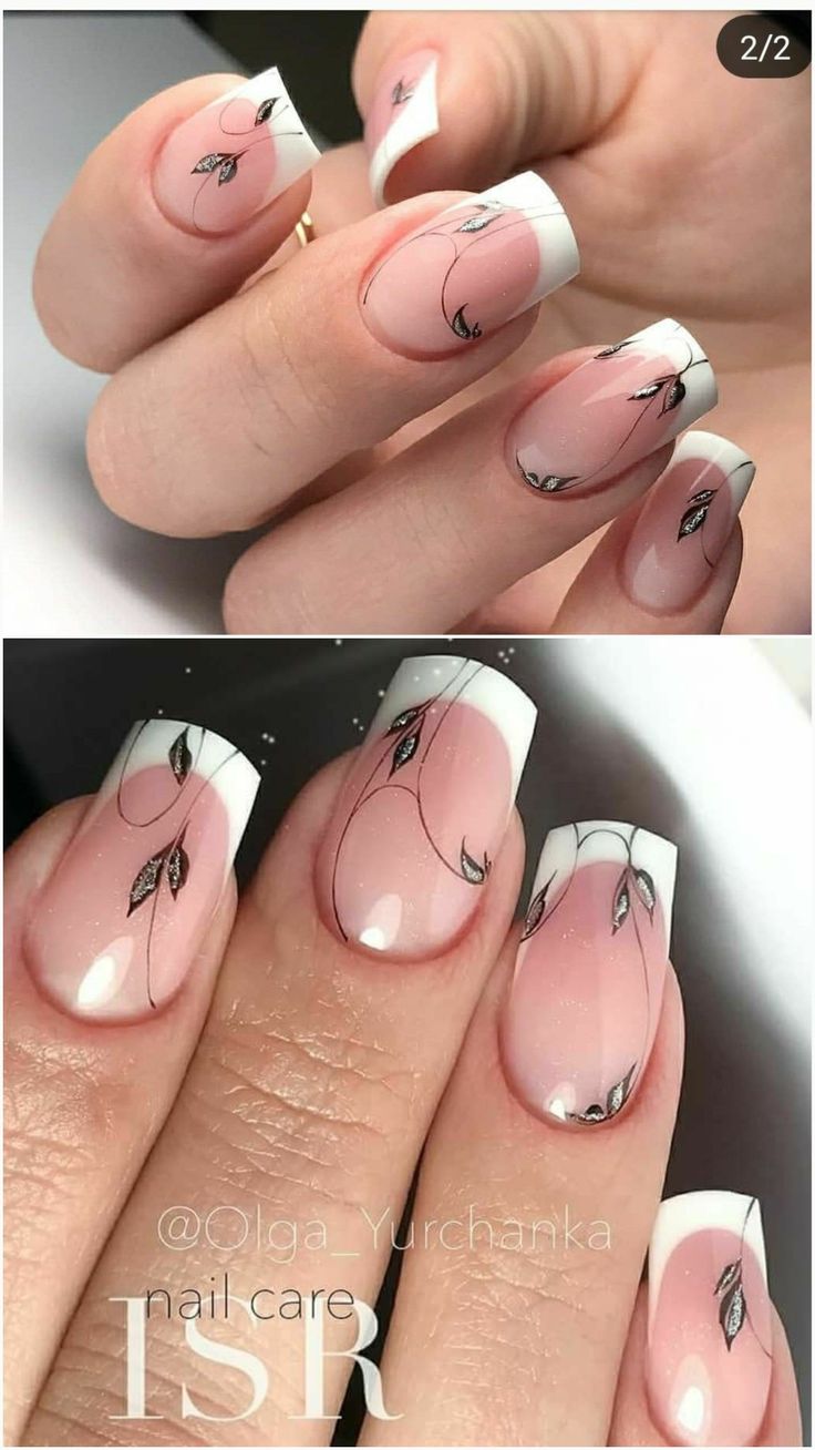 Romantic French Tip Nail Design with Leaf Patterns and Ombre Pink Background.