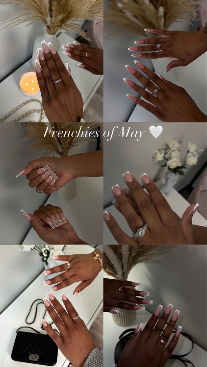 Elegant French Tip Nail Art: Timeless Pink & White Designs Enhanced by Fashionable Accessories.