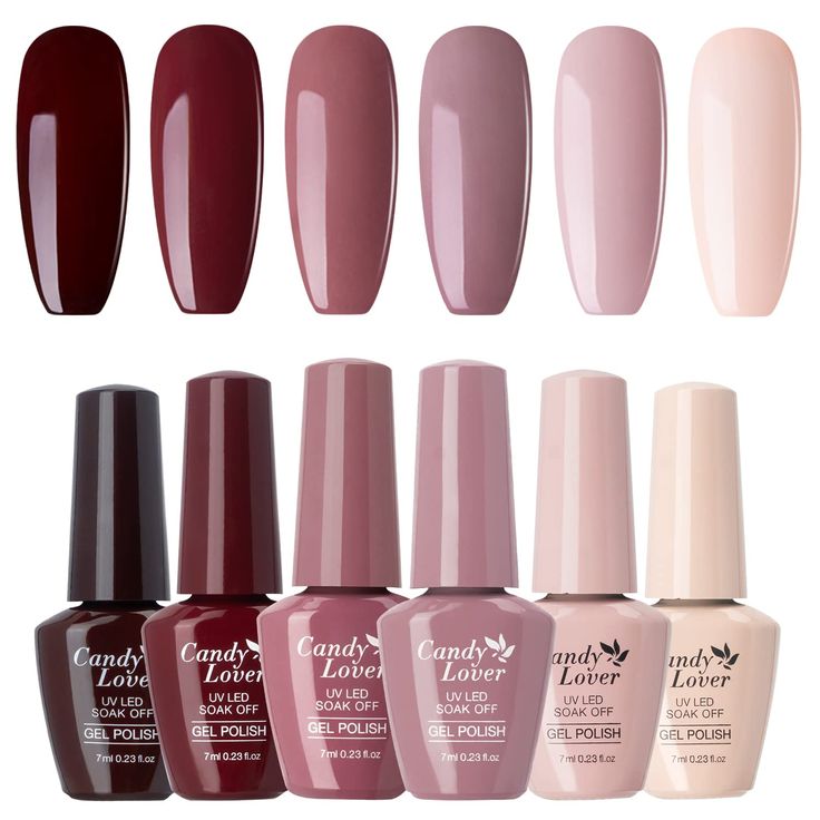 Versatile Gel Nail Polish Collection: Elegant Burgundy, Mauve, and Soft Pink Shades.