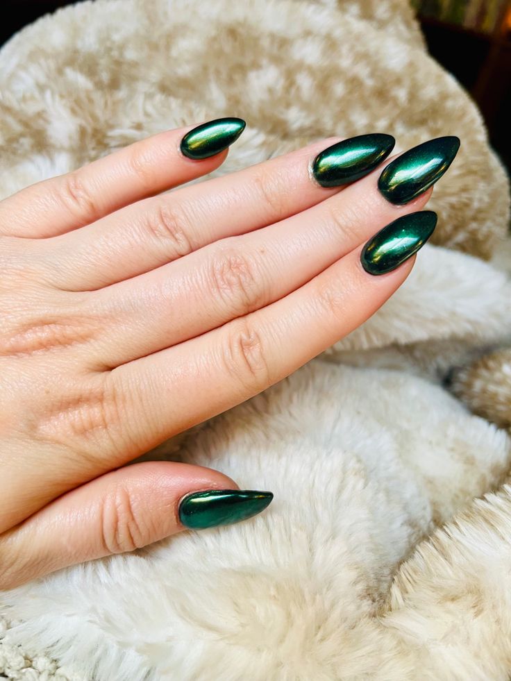 Chic Iridescent Green Nail Design on Long Almond-Shaped Nails