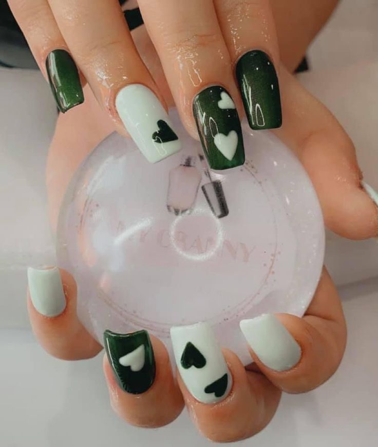 Chic Nail Design: Deep Green and Mint with Playful Heart Accents and Mixed Finishes