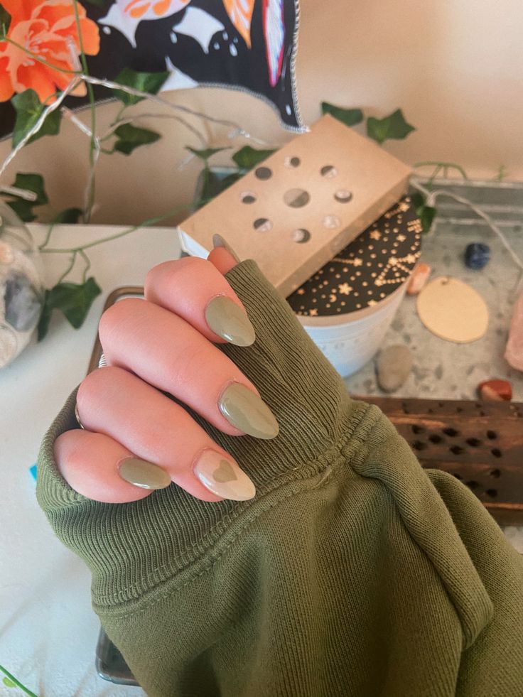 Chic Olive Green Two-Tone Nail Design for Casual Style