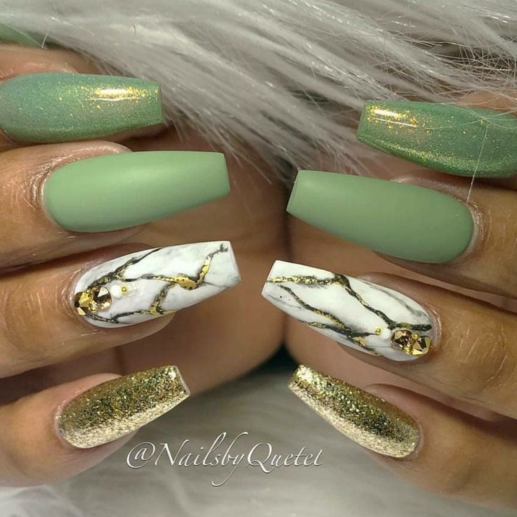 Chic Green Nail Design with Matte-Gloss Finish, Marble Accent, and Golden Sparkle Tips.