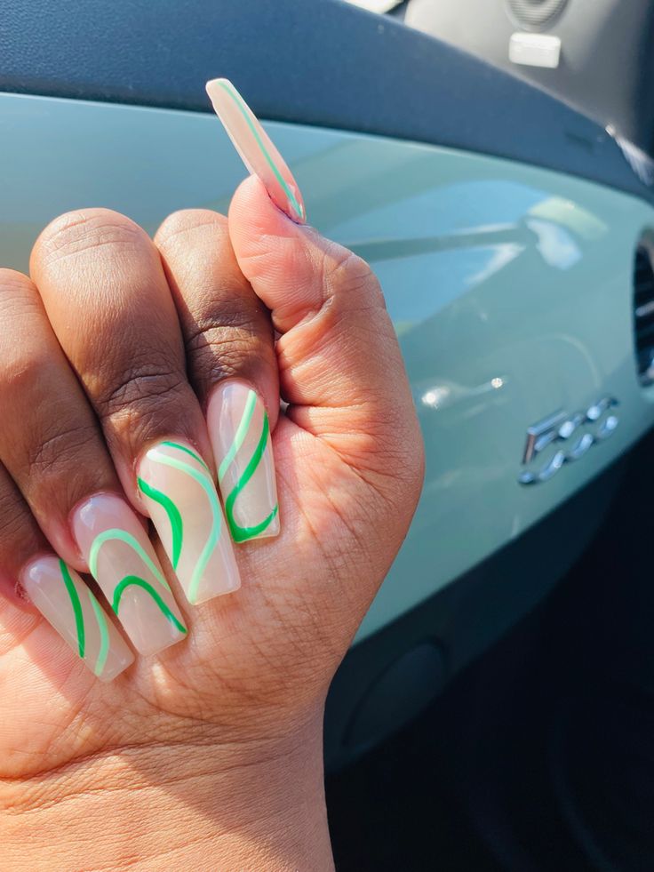 Green Nails With Squiggly Lines