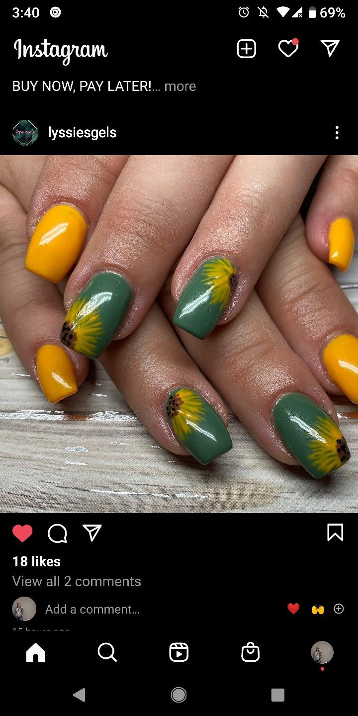 Vibrant Summer-Inspired Nail Art with Floral Patterns in Yellow and Green.