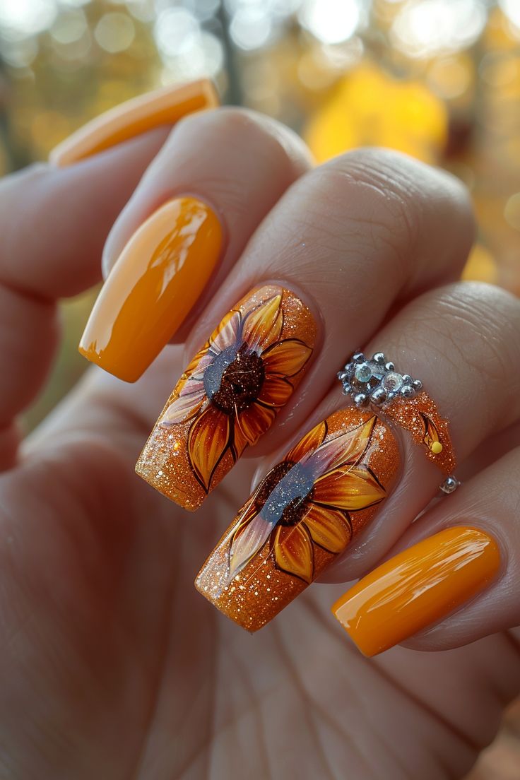 Cheerful Autumn-Inspired Sunflower Nail Design with Glittery Accents