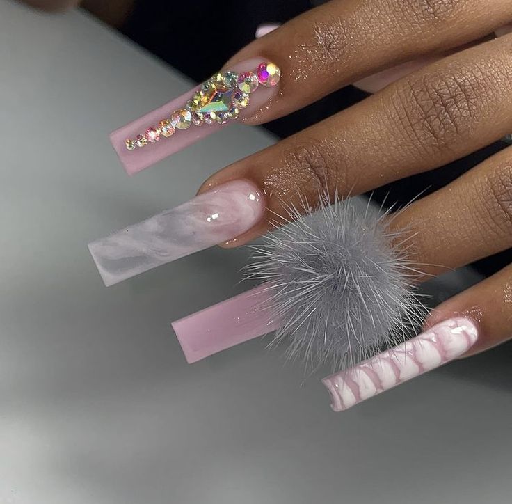 Chic Long Square Nail Design with Glossy Pink, Marble Effects, and Playful Embellishments.