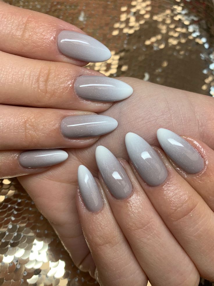 Sophisticated Ombre Gray and White Pointed Nails for a Chic, Elegant Look.