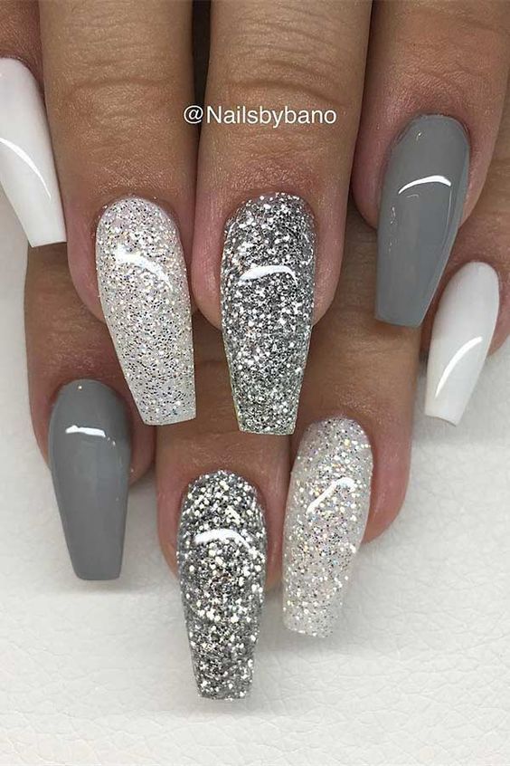 Chic Matte and Glitter Nail Design in Gray, White, and Silver.