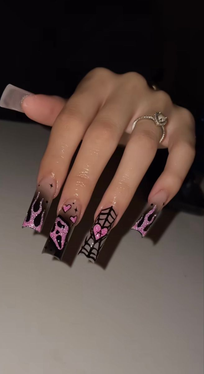 Dramatic Nail Art: Bold Dark-Pastel Fusion with Eye-Catching Pink Flames and Black Spiderwebs