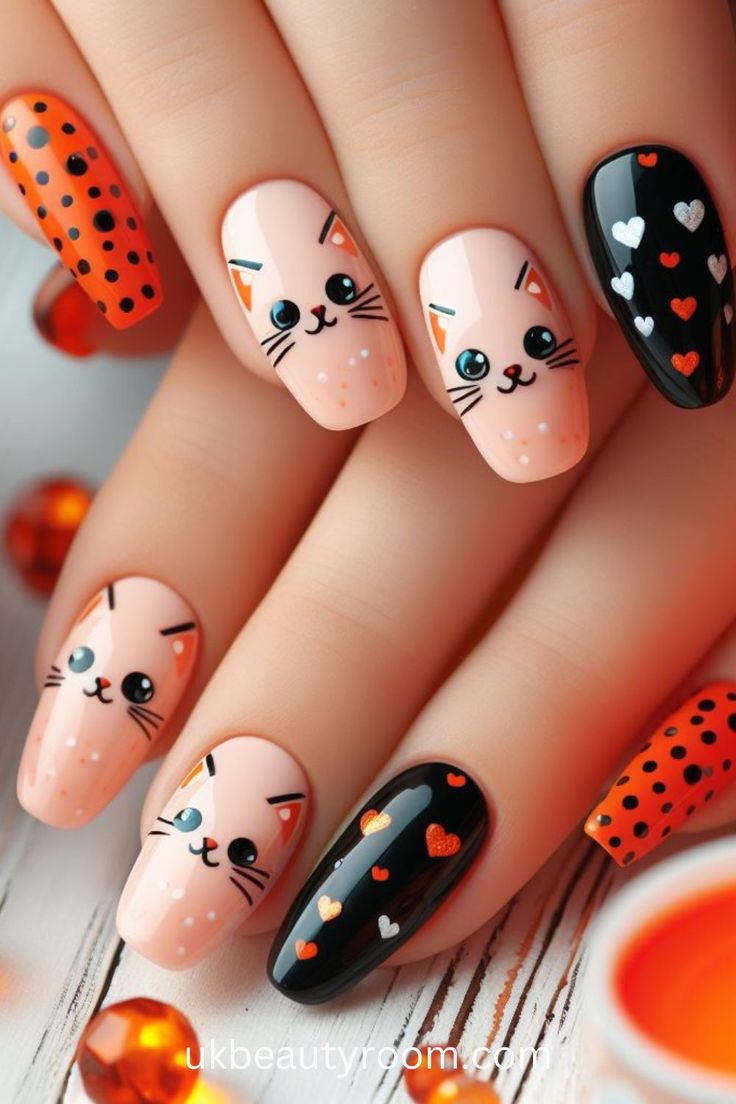 Whimsical Cat-Themed Nail Design in Soft Peach Tones with Playful Accents.