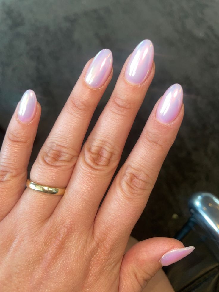 Chic Lavender Almond Nails with Iridescent High-Gloss Finish.