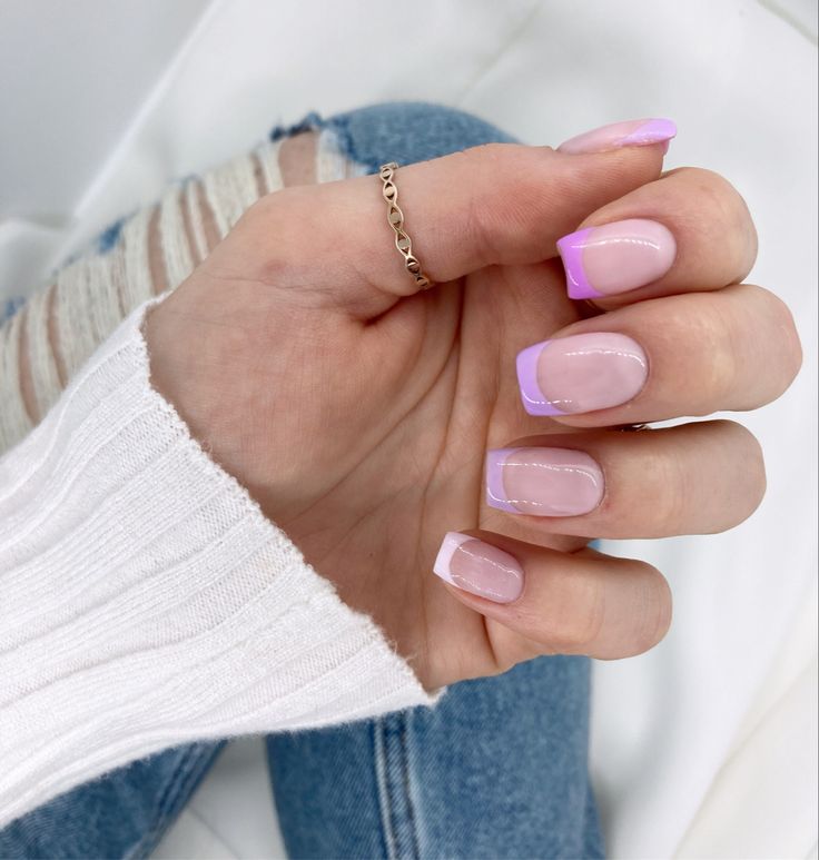 Elegant Gradient Pink and Purple Nail Design with Chic French Tips.