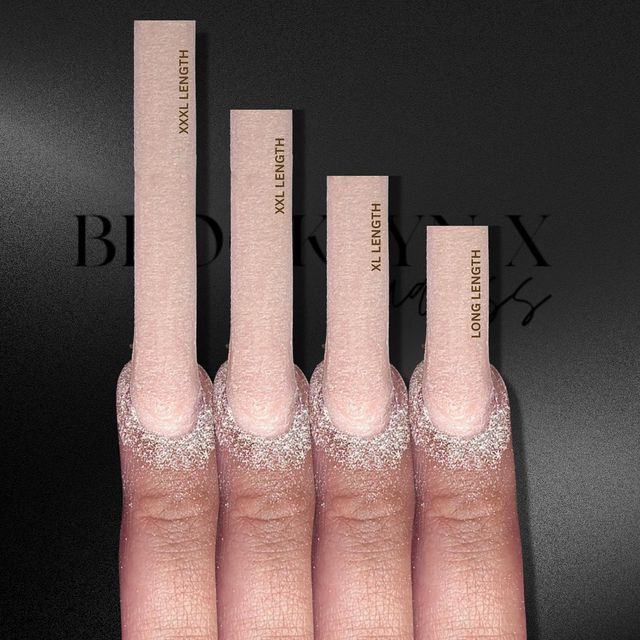 Elegant Nail Length Comparison: Stylish Variations from Extra Long to Long with Nude Base and Sparkling Tips