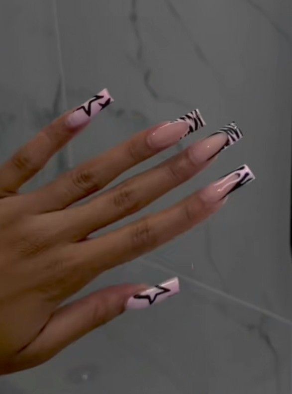 Chic Elongated Square Nail Design with Soft Pink Gradient and Bold Black Accents