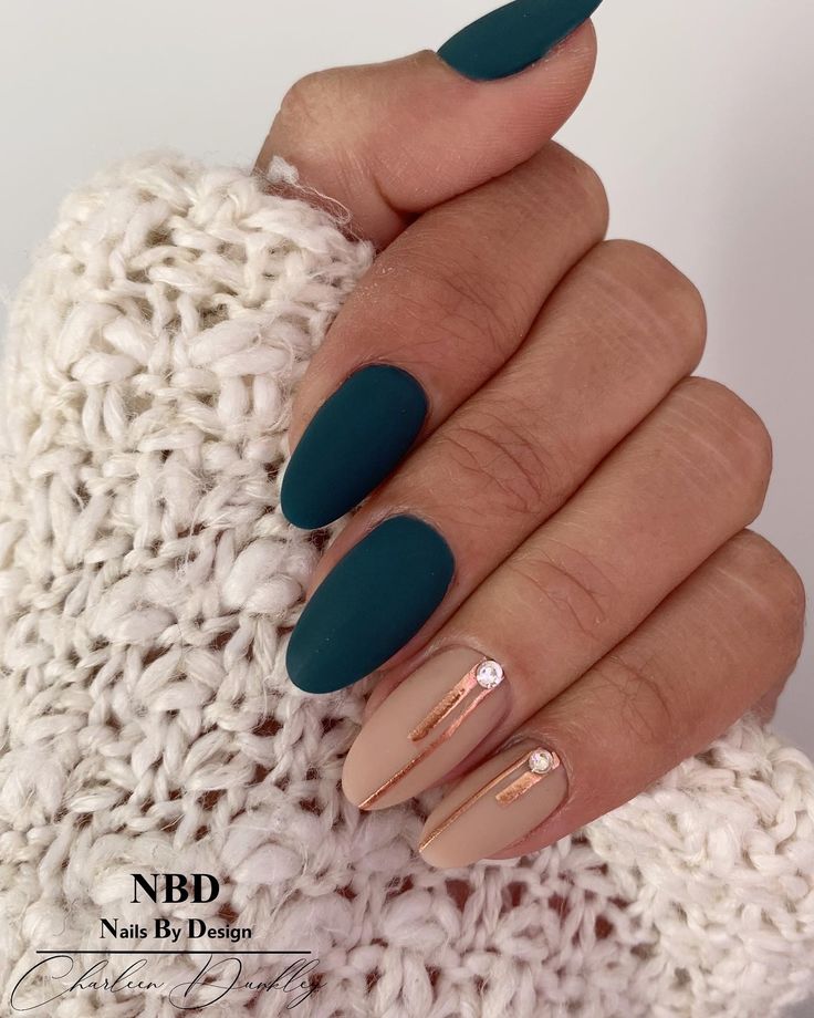 Chic Matte Teal and Neutral Almond-Shaped Nail Design with Elegant Accents.