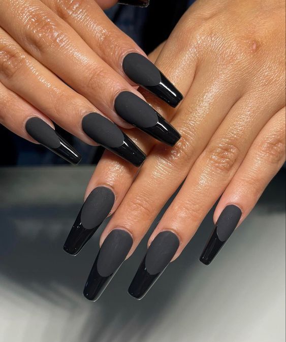 Striking Matte and Glossy Black Nail Design: A Bold Elegance for Any Occasion.