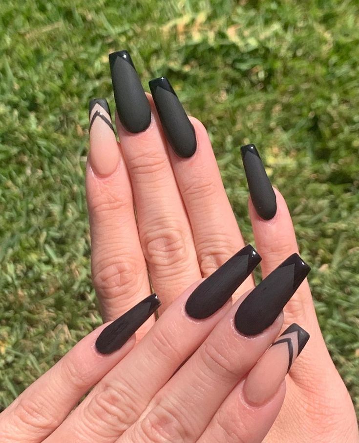 Chic Matte Black and Nude Nail Design with Geometric Accents