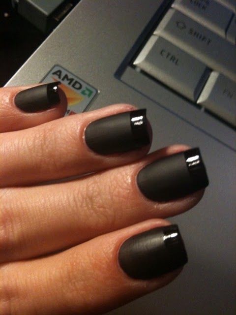 Chic Matte Black Nail Design with Glossy Tips: A Bold, Elegant Manicure.