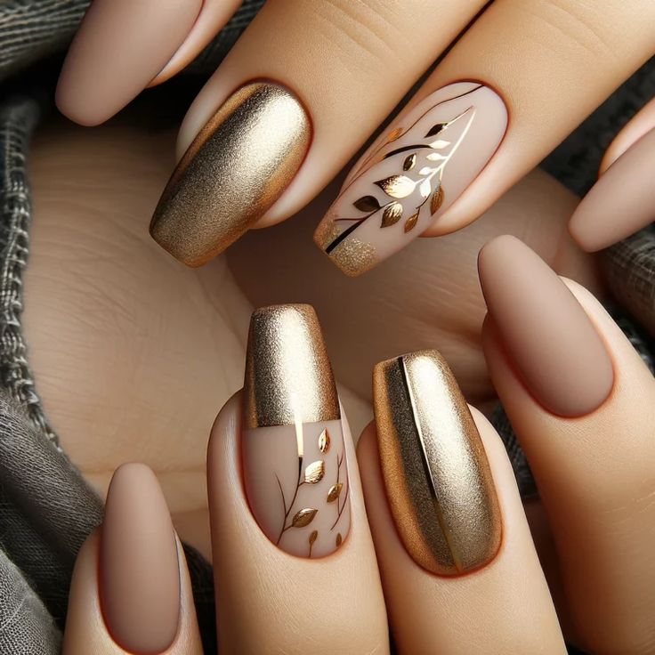 Chic Nail Design: Elegant Matte and Metallic Finish with Leaf Accents