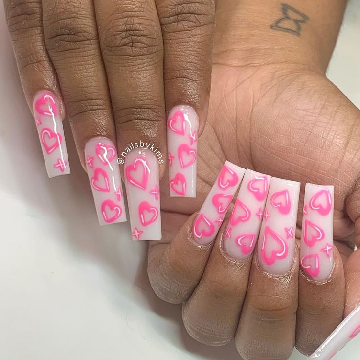 Charming Heart-Themed Pink Nail Design: Long Square Nails with Vibrant Hearts and Playful Accents.