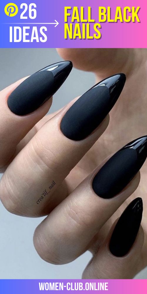 Sleek Black Almond Nail Design: A Modern Autumn Aesthetic.