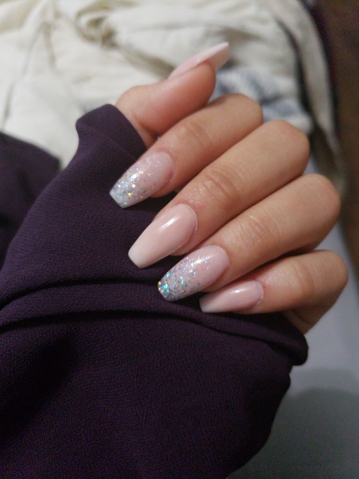 Sophisticated Glitter Gradient on Soft Pink Almond Nails