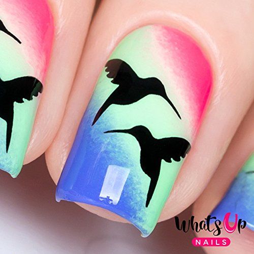 Whimsical Gradient Hummingbird Nail Design: A Captivating Blend of Pink, Green, and Blue.