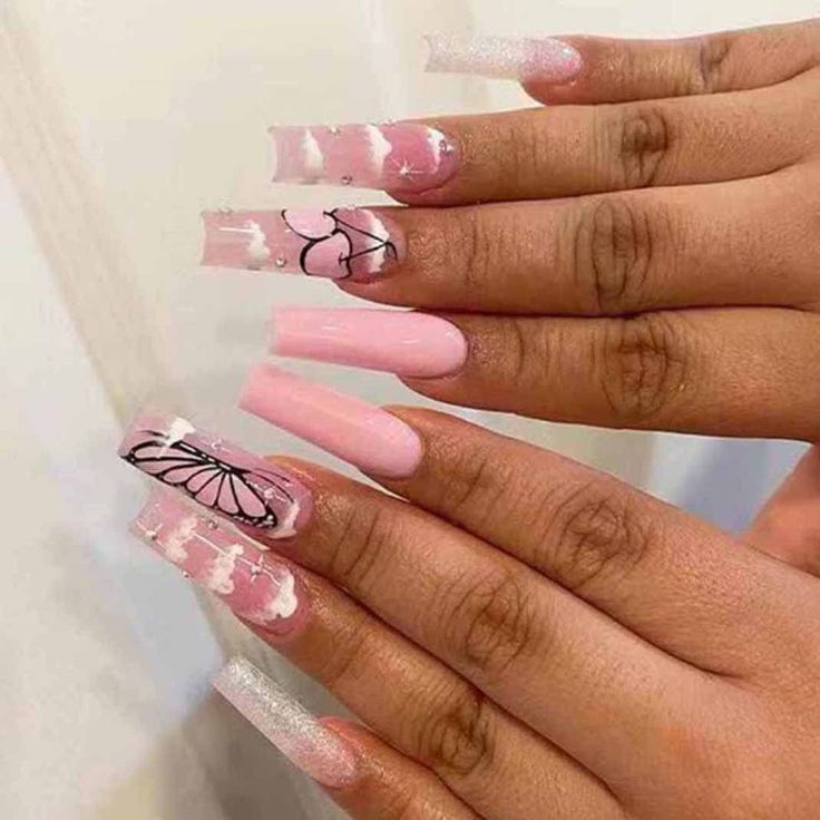 Sophisticated Long Nails with Soft Pink and White Hues, Abstract Shapes, and Delicate Butterfly Motifs.